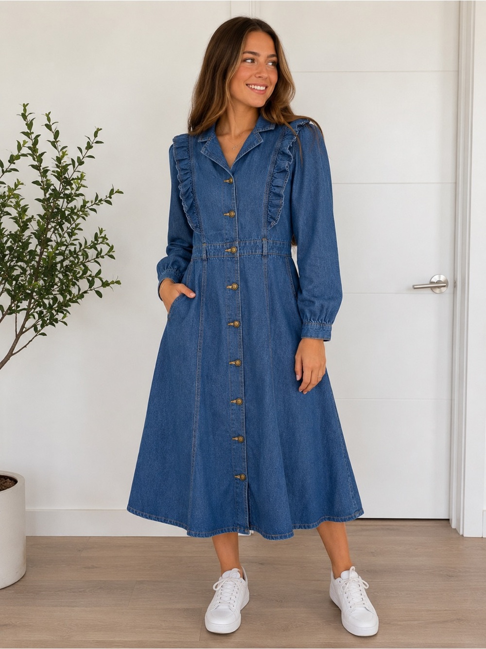 Blue Denim Button-Front Midi Dress with Ruffle Details